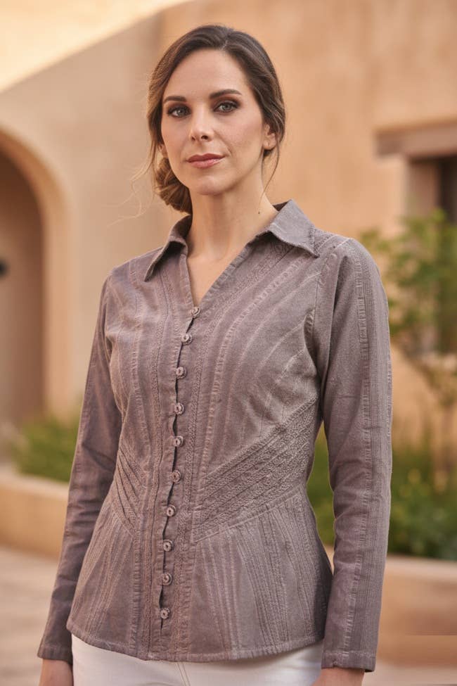 Cotton Blouse Slim-Fit with Contour Stretch Panel LS256