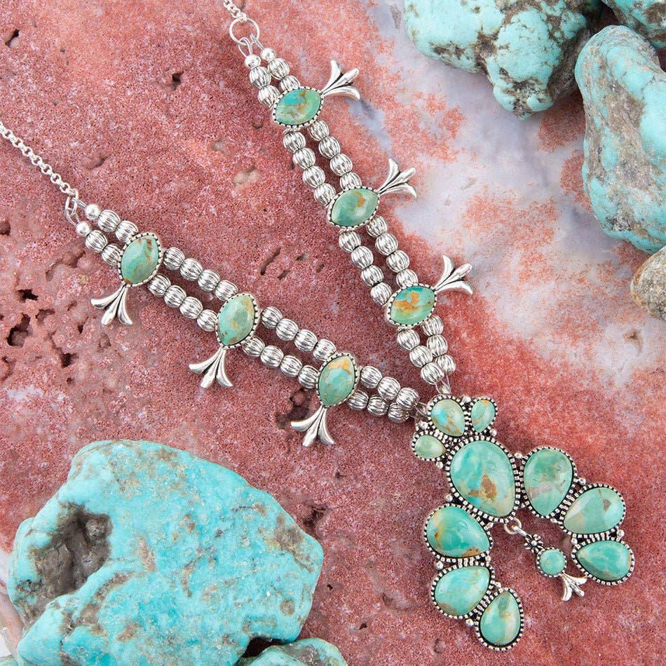 Floral Statement Blue Turquoise and Sterling Silver Necklace SQUAN02T01S