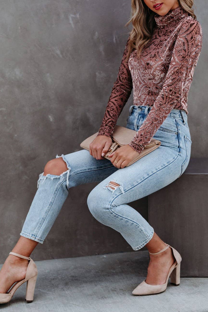 Velvet Burnout Turtleneck Top Burgundy RCJY03223