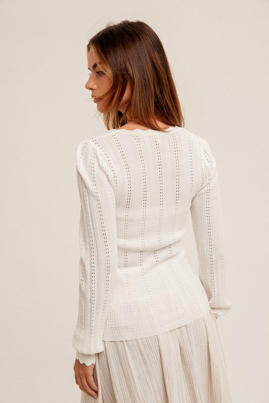 Ladies Pointelle Knit Blouse White 39302