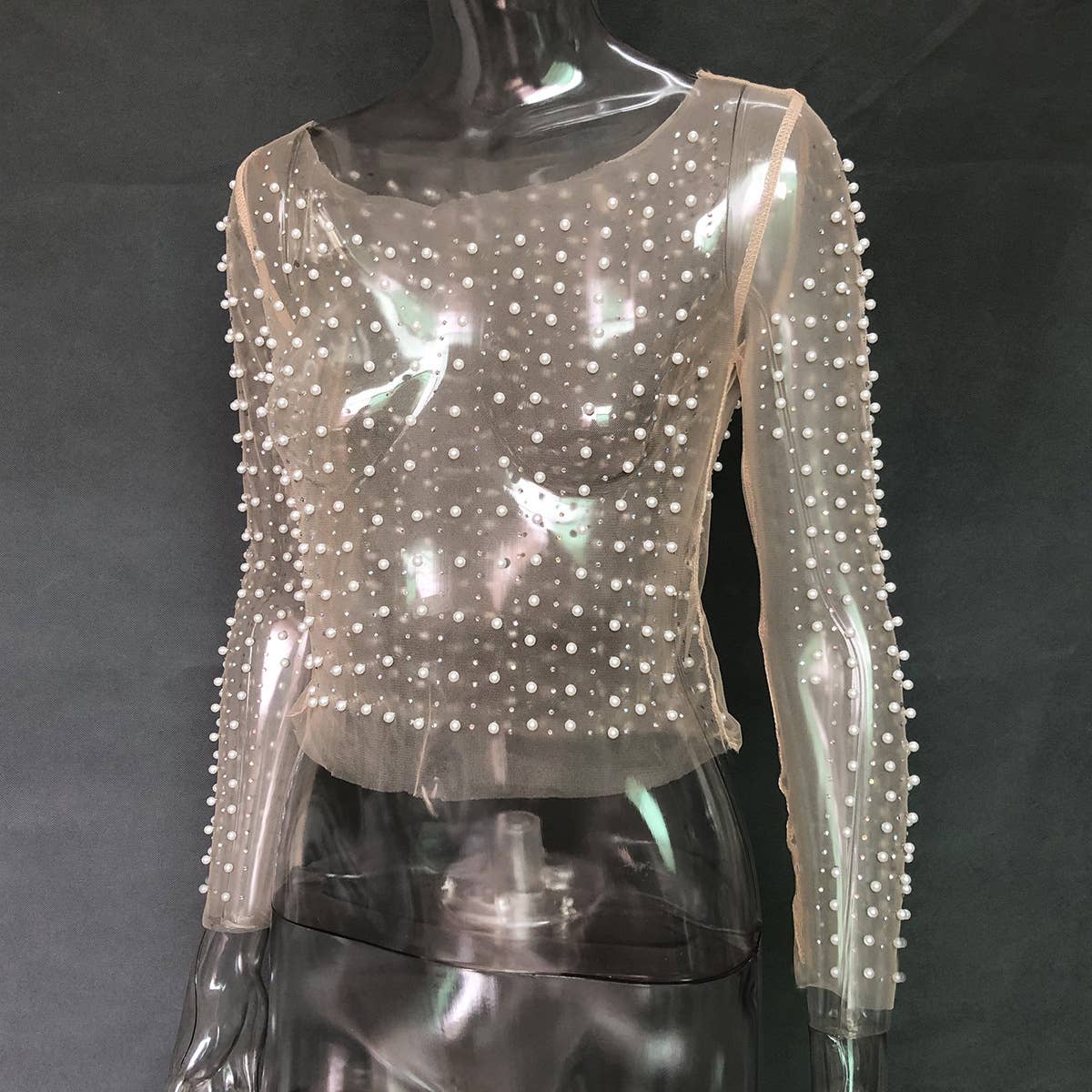 Pearl Rhinestone Sheer Mesh Top Nude RCJY05529