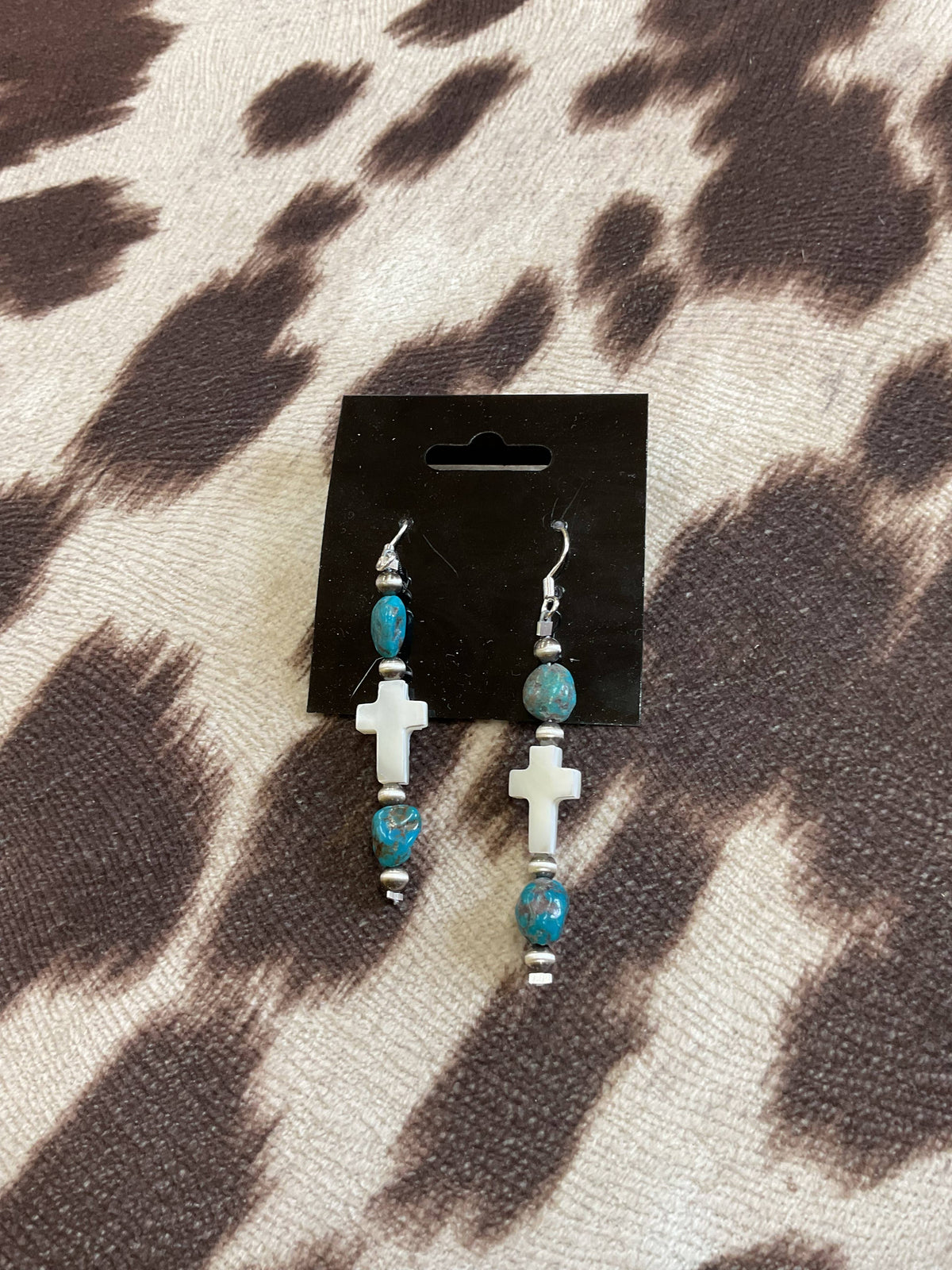 Freshwater Pearl Cross & Turquoise Dangle Earrings #317