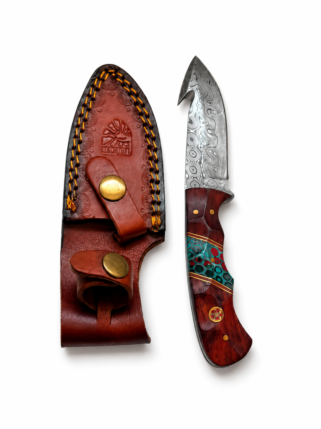 Titan Crimson Mosaic Damascus Outdoor Knife with Custom Leather Sheath