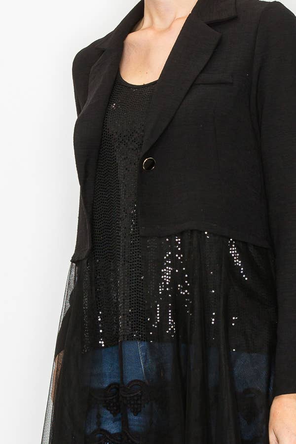 Contrast Blazer Jacket w/ Mesh Tulle -OLS4773 BLACK