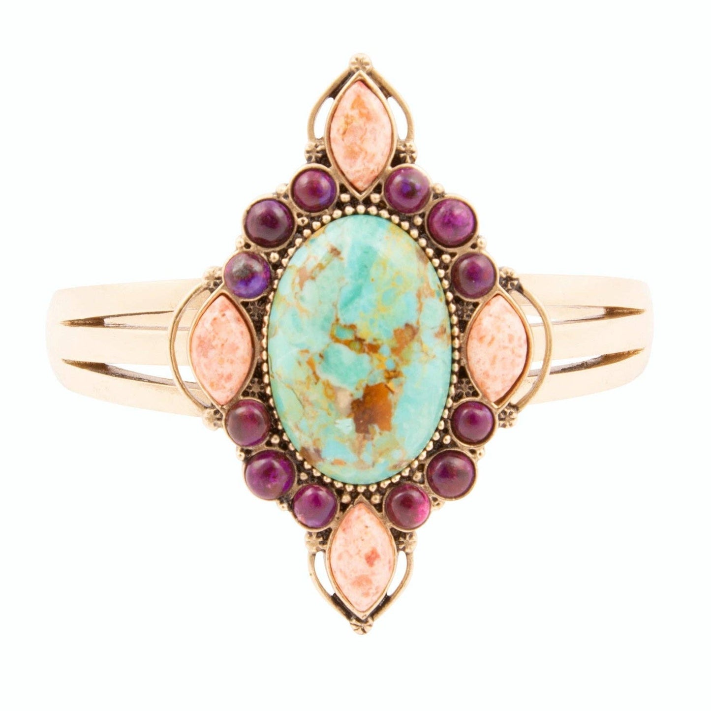 Regalia Blue Turquoise Purple and Orange Coral Golden Cuff Bracelet REGLB02