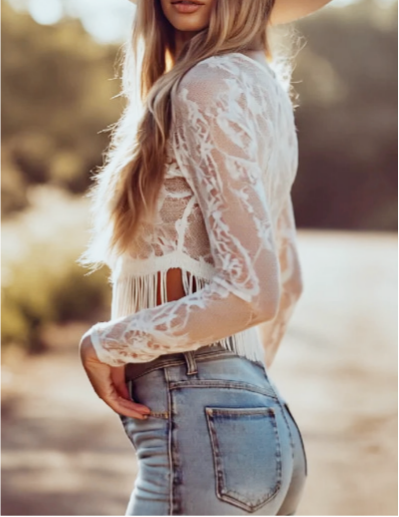 Long-Sleeve Cowgirl Lace Blouse Boho Fringe Crop Top RCWJ05443