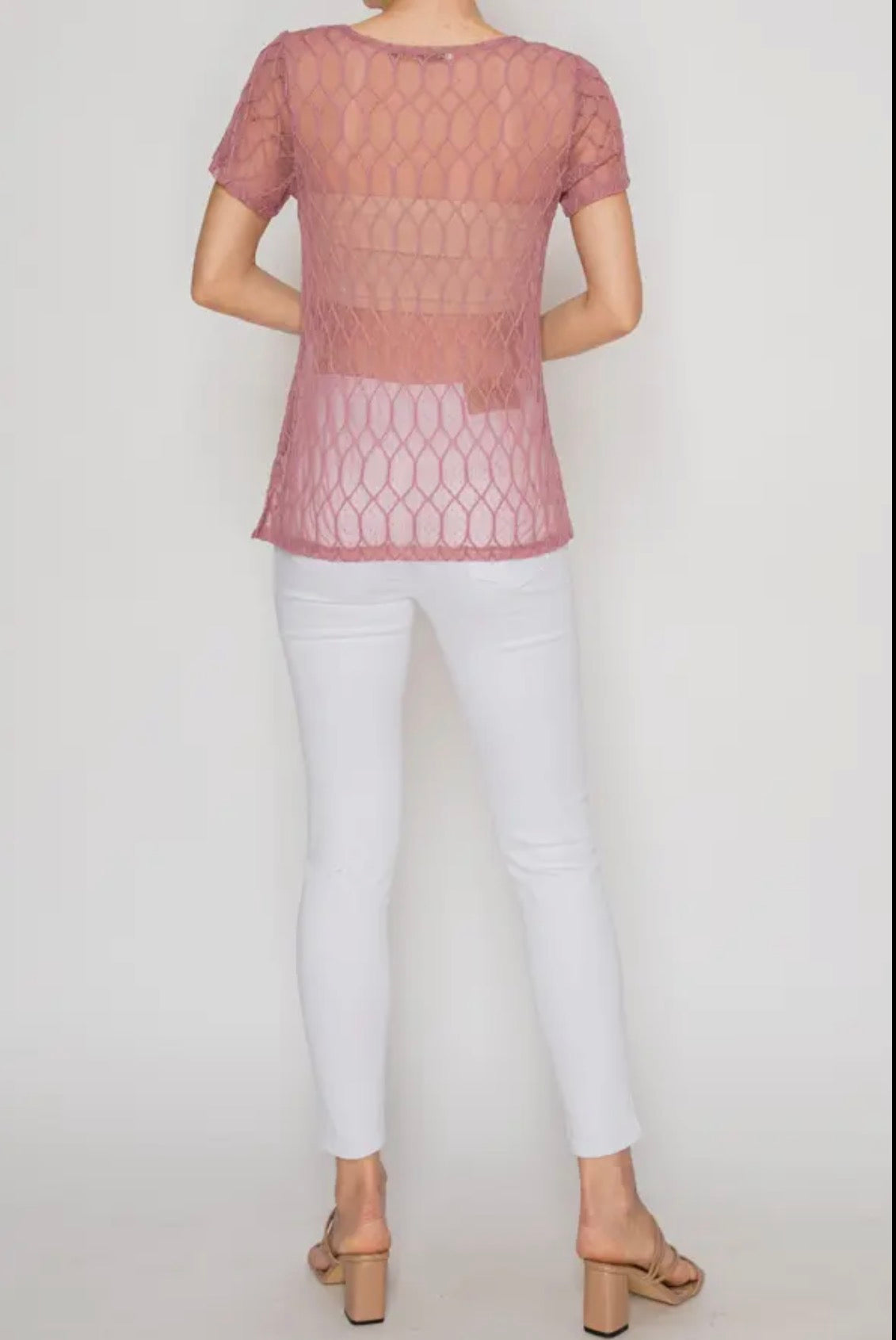 Sheer Lattice Mesh Short Sleeve Blouse OLS4868 DUSTY Rose