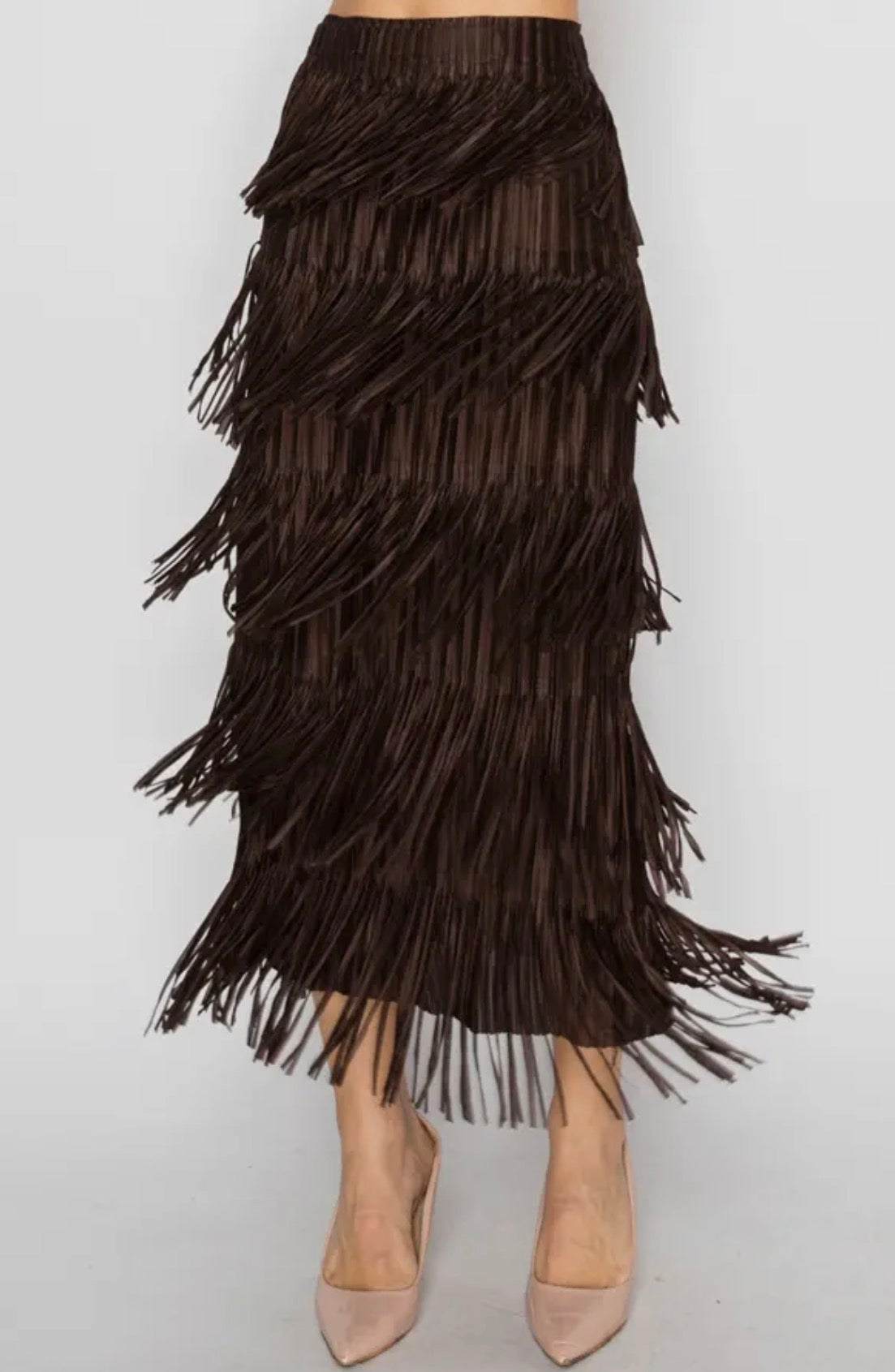 Layered Fringe Tiered Maxi Skirt OLS4794 BROWN
