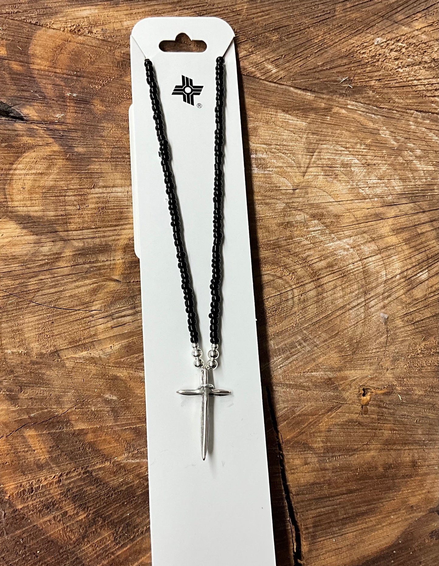 Necklace Small Black Beads Silver Cross RN100