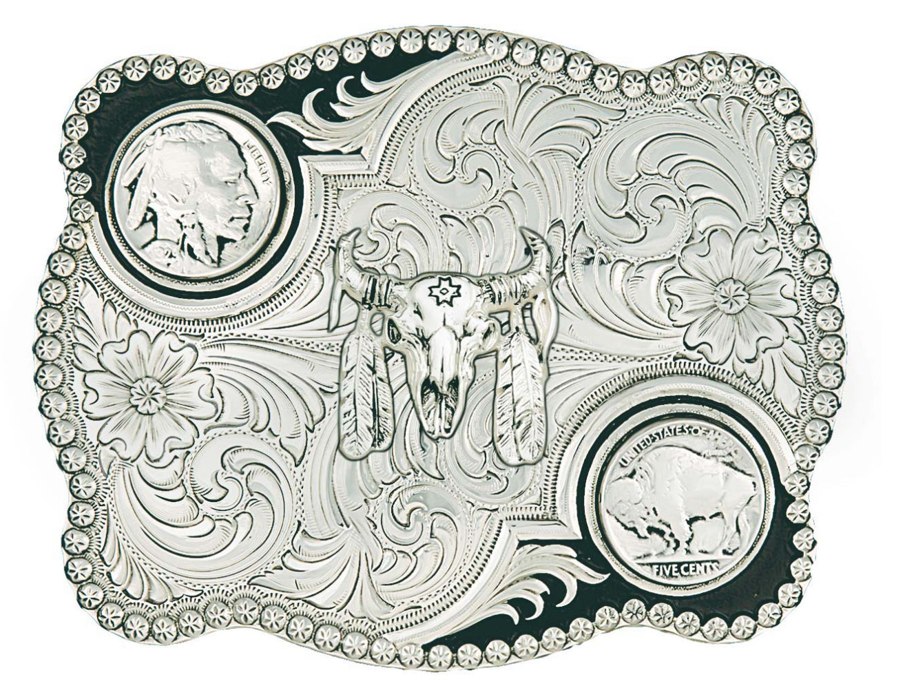 Montana Silversmith Antiqued Buffalo Nickel Flourish Buckle with Buffalo Skull 3610-447M