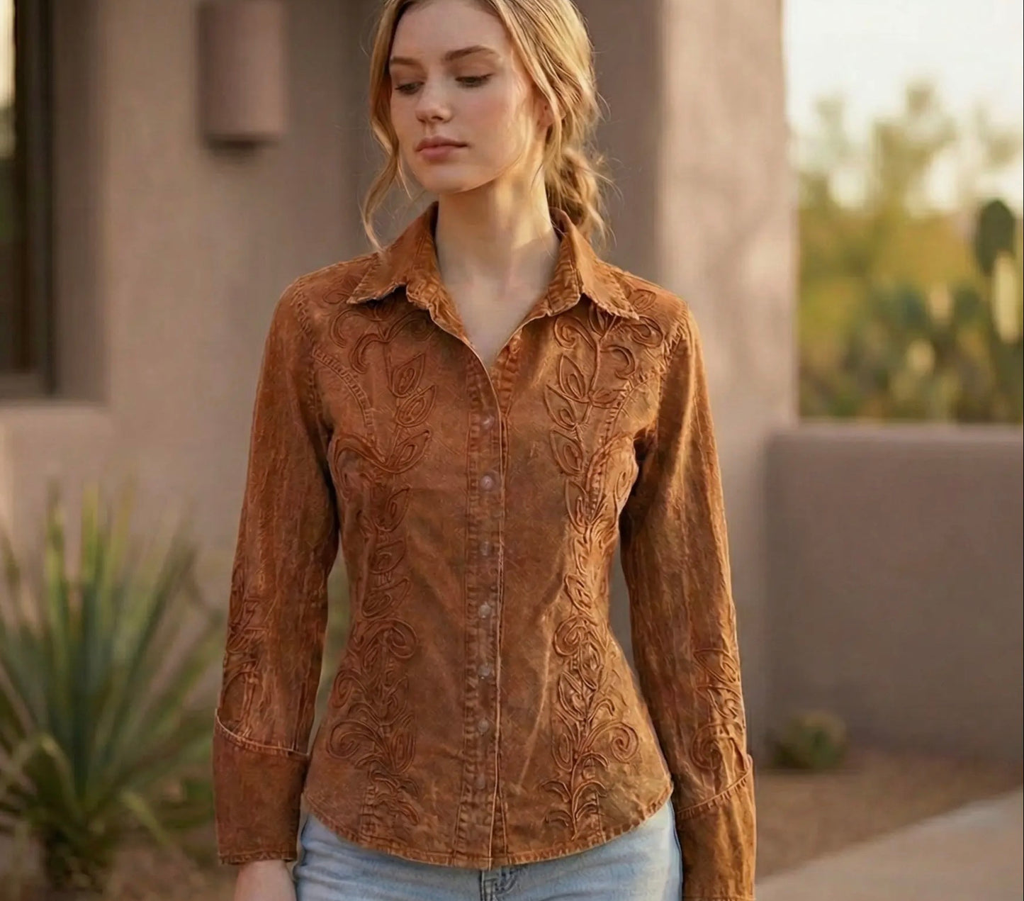 Cotton Blouse w/ Leaf-Embroidered Folded Cuff Detail LS-217