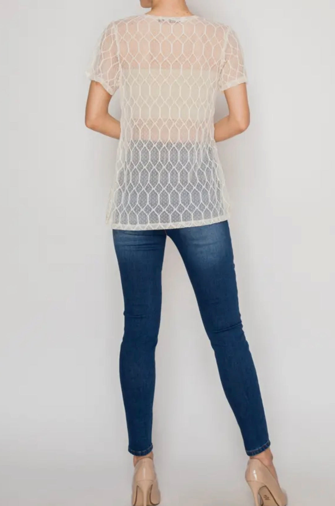 Sheer Lattice Mesh Short Sleeve Blouse OLS4868 Beige