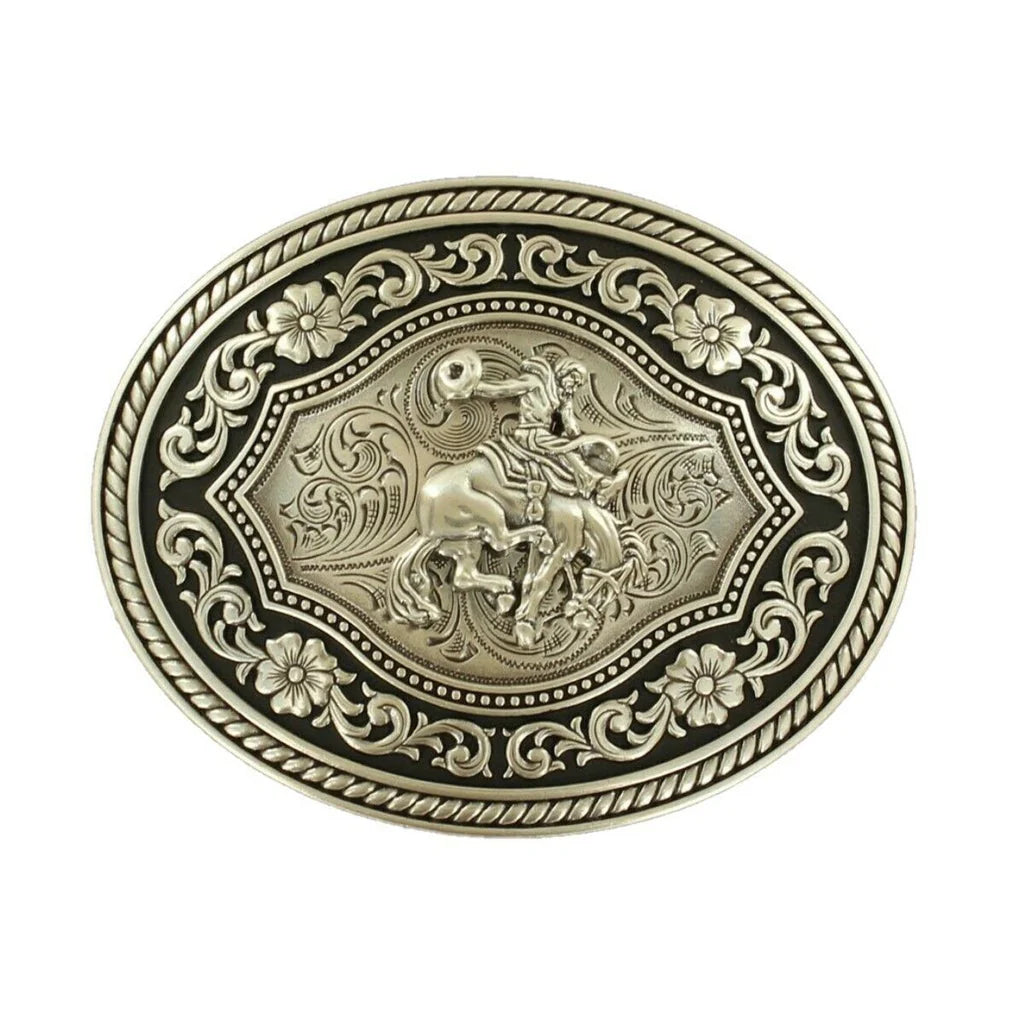 NOCONA BELTS BUCKLE WITH OVAL SADDLE BRONC, ANTIQUE SILVER 37709