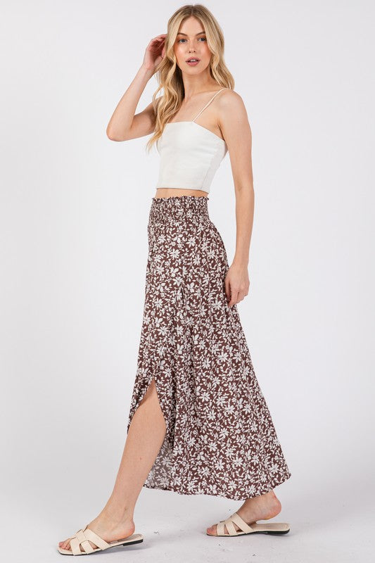 PRINT SMOCKED WAIST SLITTED MIDI SKIRT NS80176