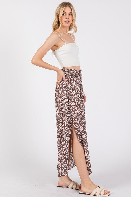 PRINT SMOCKED WAIST SLITTED MIDI SKIRT NS80176