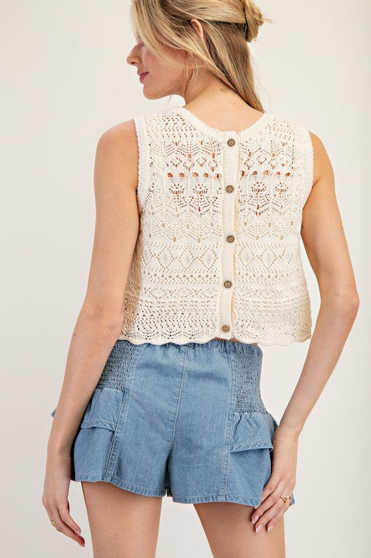 Sleeveless Crochet Button Down Back Top SG10758