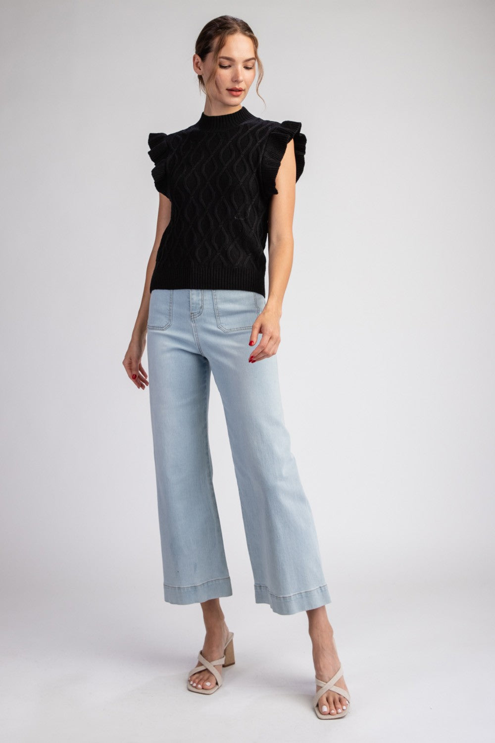 RUFFLE SLEEVE TEXTURED SWEATER TOP SK11220