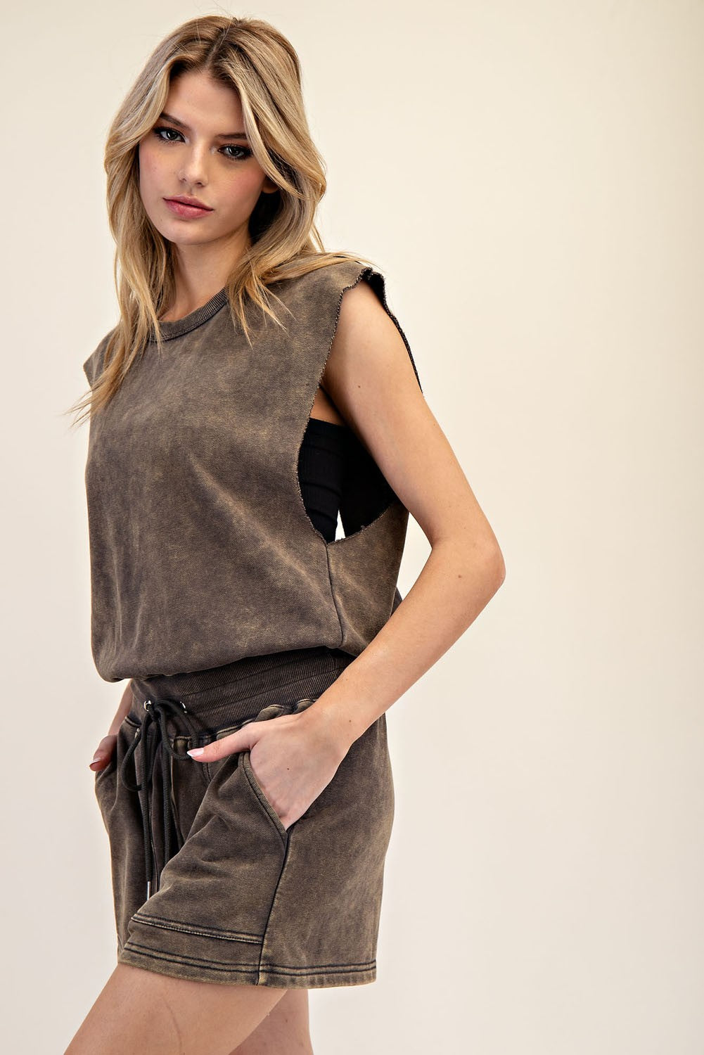 Mineral Washed Drawstring Romper BG10725
