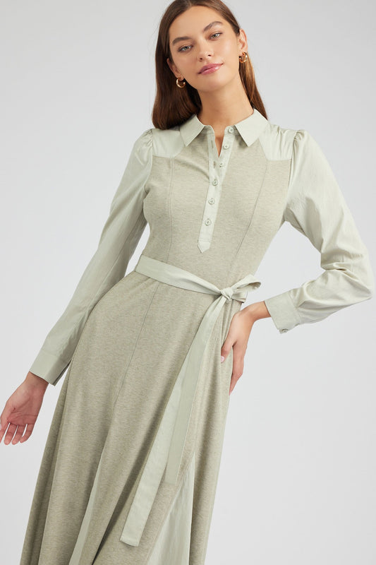 MIXED FABRIC COLLARED MIDI DRESS 2490236