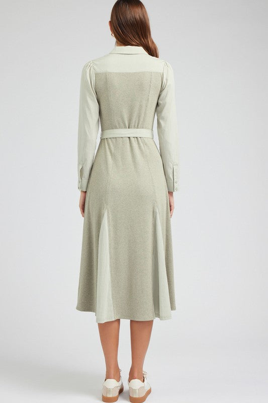 MIXED FABRIC COLLARED MIDI DRESS 2490236