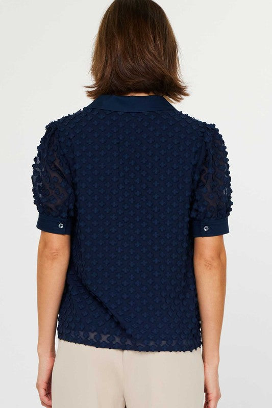 3D FLORAL APPLIQUE HALF-SLEEVE BLOUSE 2530219