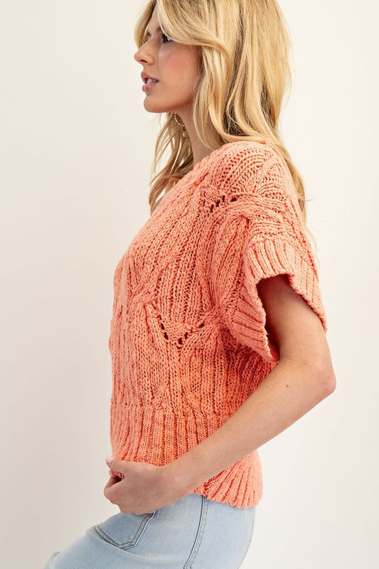 Cable Knit Short Sleeve Sweater Top SG10081