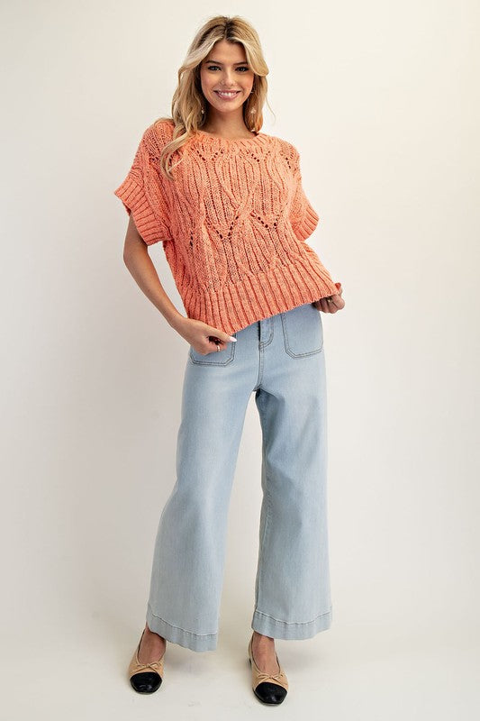 Cable Knit Short Sleeve Sweater Top SG10081