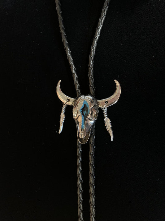 Bolo Tie Silver Turquoise Steer Skull 1154