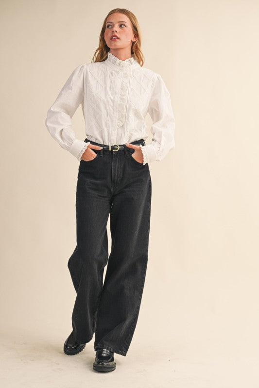 Ruffle Lace Trim Button Down MTP4210