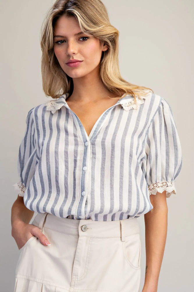 Ladies Blouse Lace Trimmed Striped Button Down Shirt TH15429