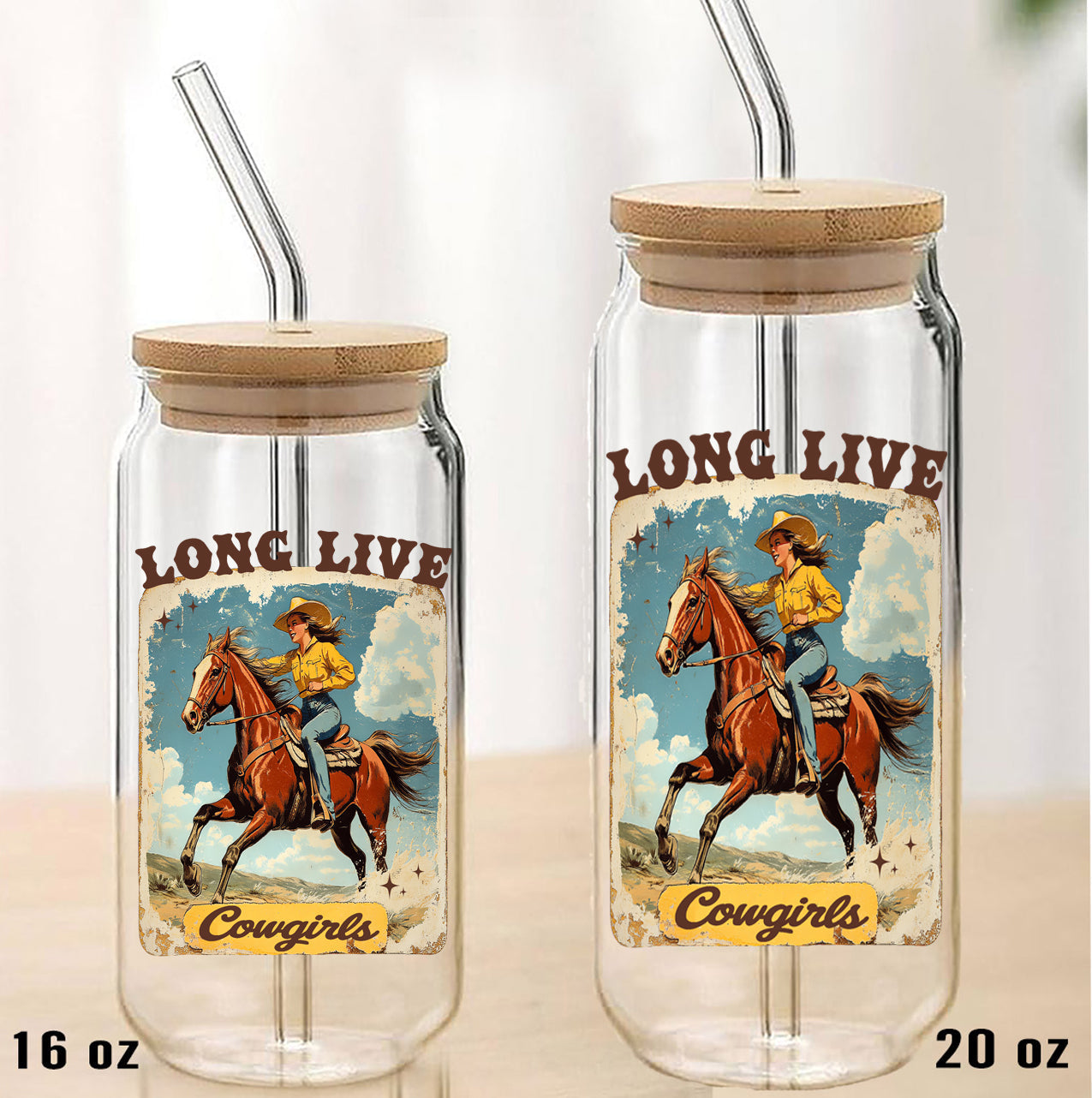 Vintage Cowgirls Long Live Cowgirls Can Glass with Lid and Straw CG16-3626