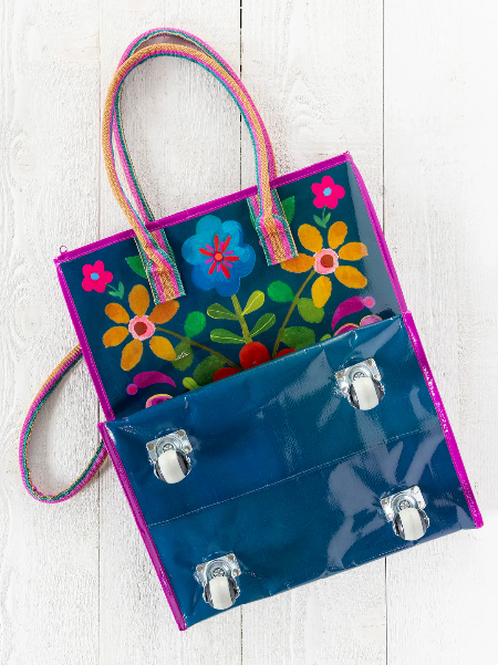 Rolling Tote Teal Folk Flower