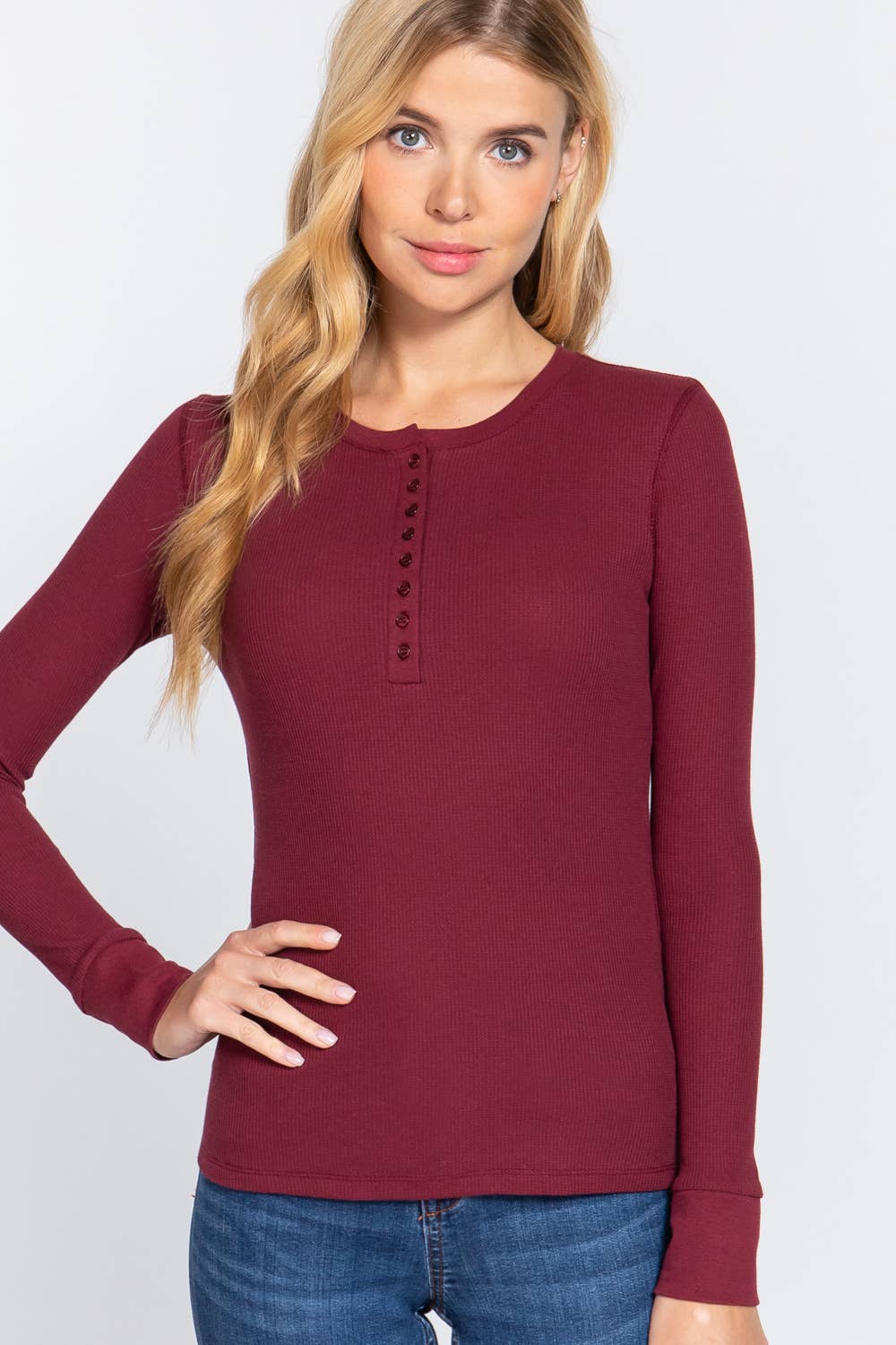 Long Sleeve Henley Thermal Knit Top T11757