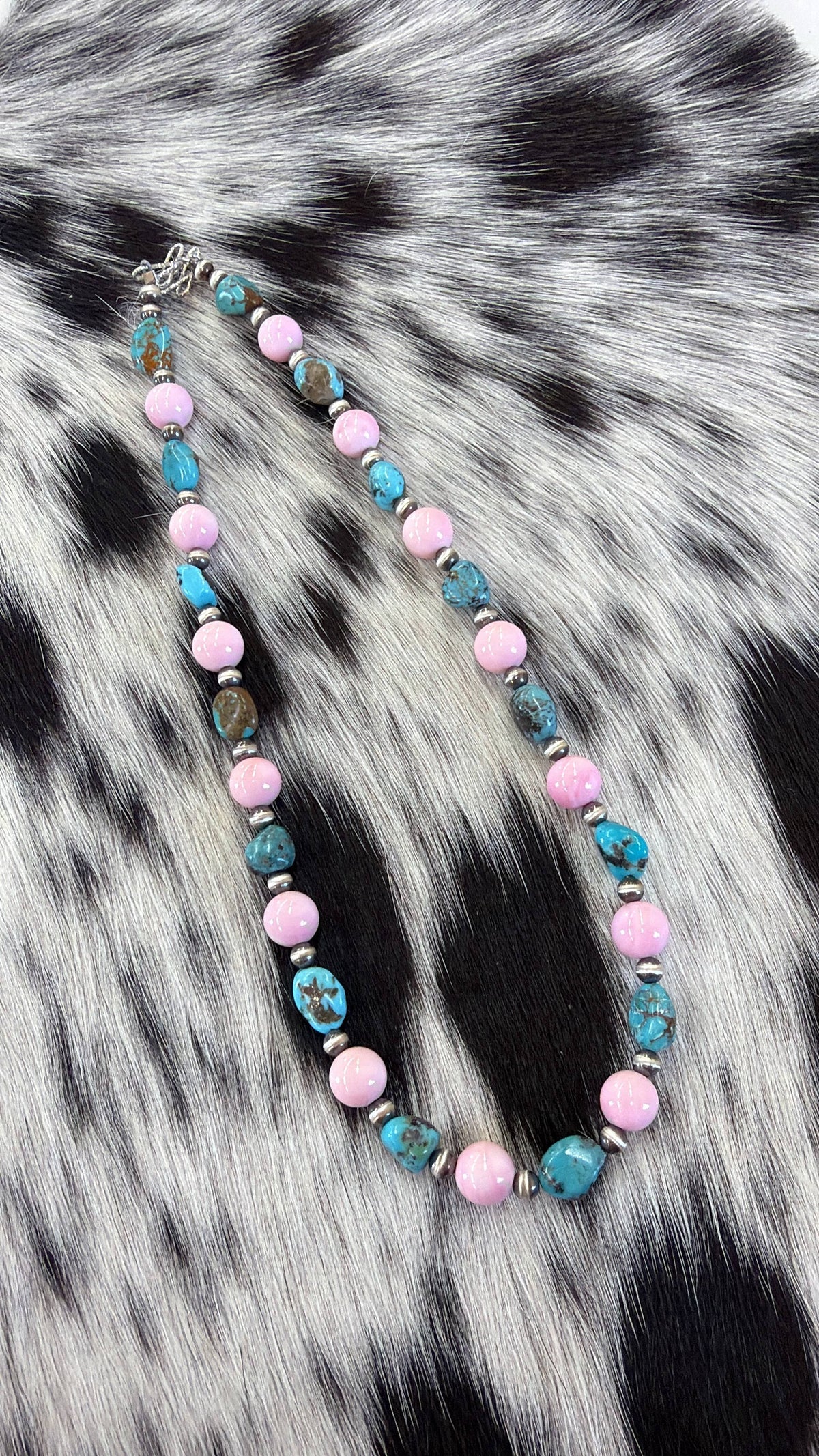 Pink Conch, Turquoise, & 4mm Sterling Pearls Necklace #008