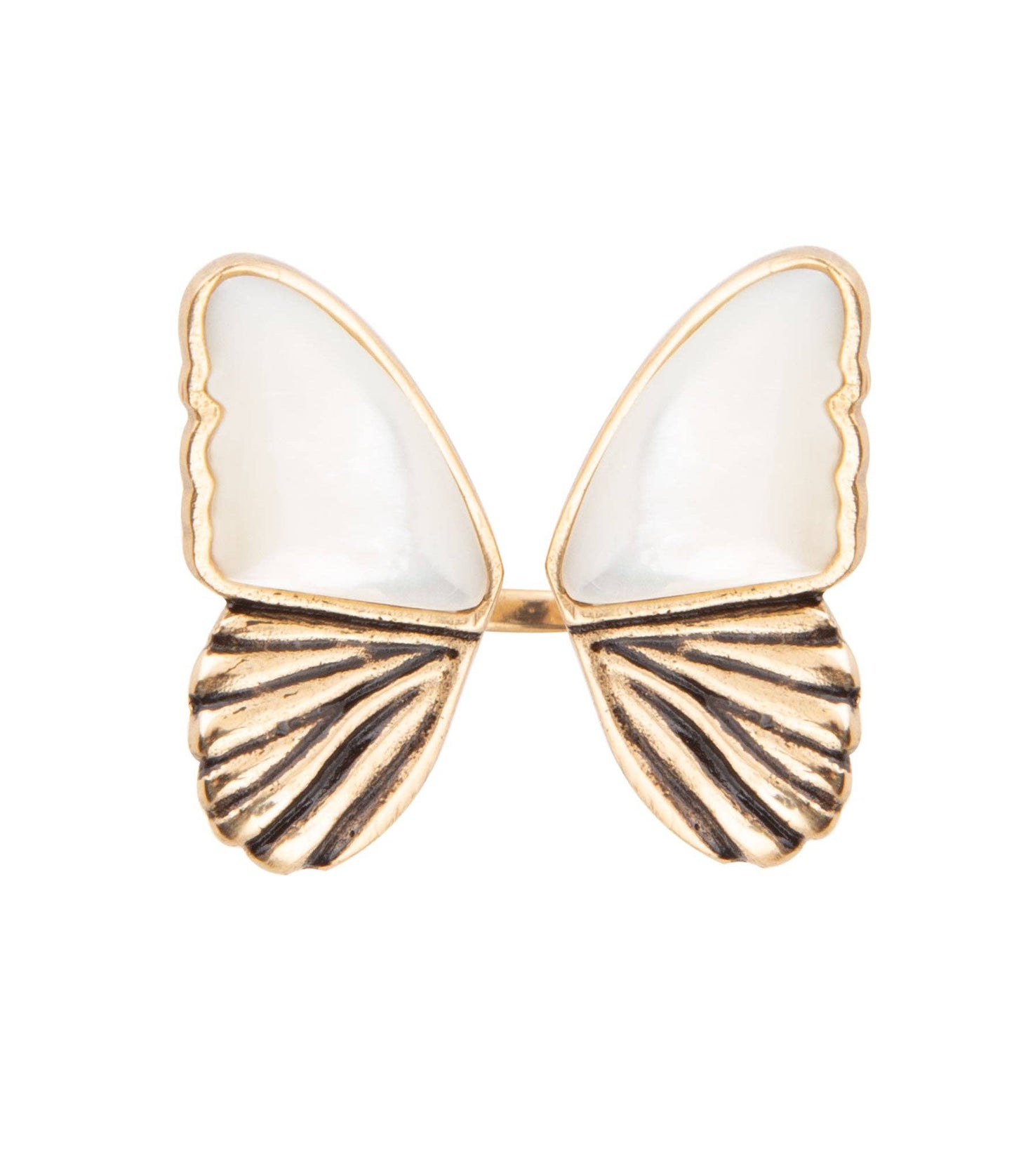 White Mother of Pearl Golden Butterfly Statement Ring BTFLR01MOP9B