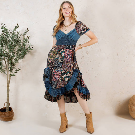 Ruffled Asym Hem Midi Dress with Denim Inserts DR44661