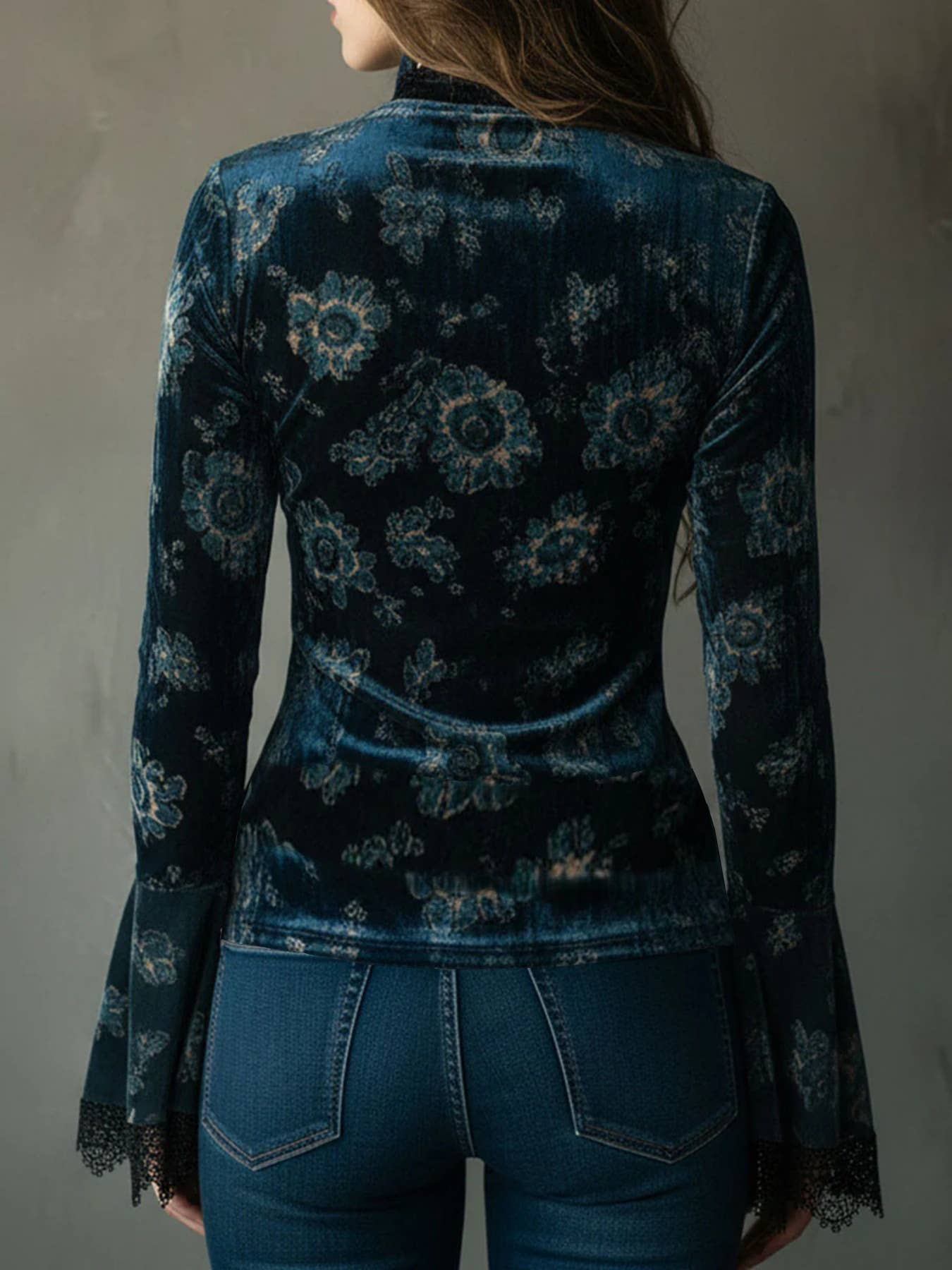 Floral Lace Trim Long Sleeve Blouse