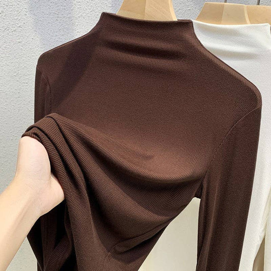 Solid Color High Neck Stretch Long Sleeve T-Shirt 1949