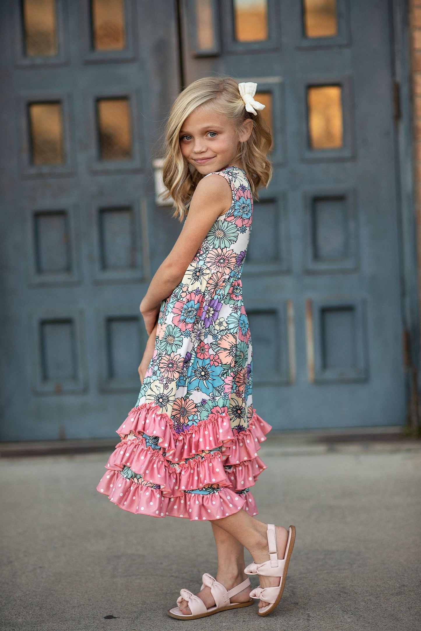 Girls Pastel Pink Floral 3 Ruffle Spring Summer Easter Dress 117338602