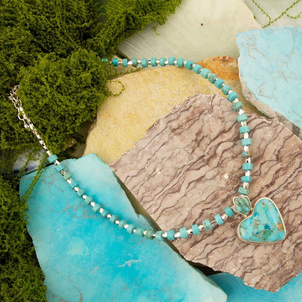 Blue Turquoise Heart Sterling Silver Pendant Necklace