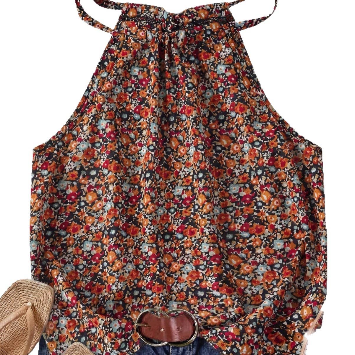 Boho Ditsy Floral Halter Neck Camisole Summer Tank Top