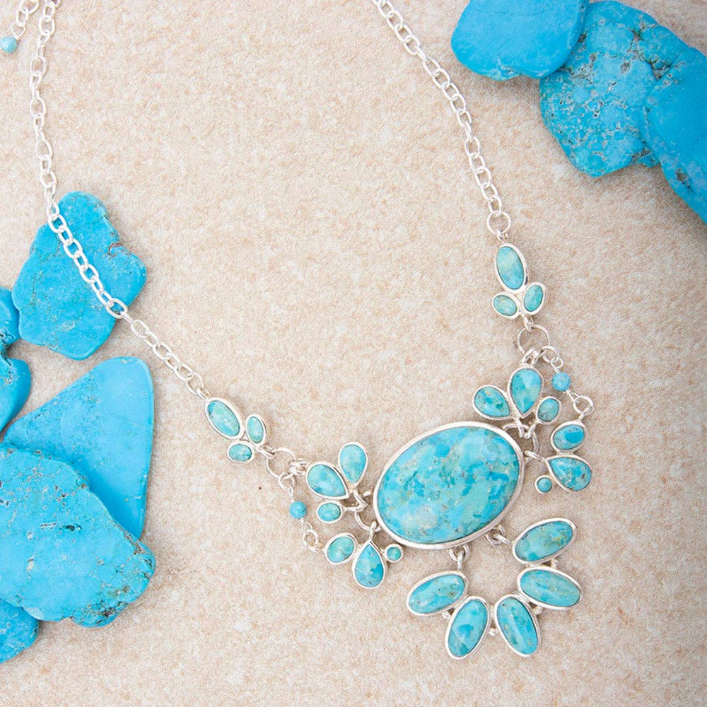 Genuine Blue Turquoise Sterling Silver Statement Necklace MOJAN30TOIS