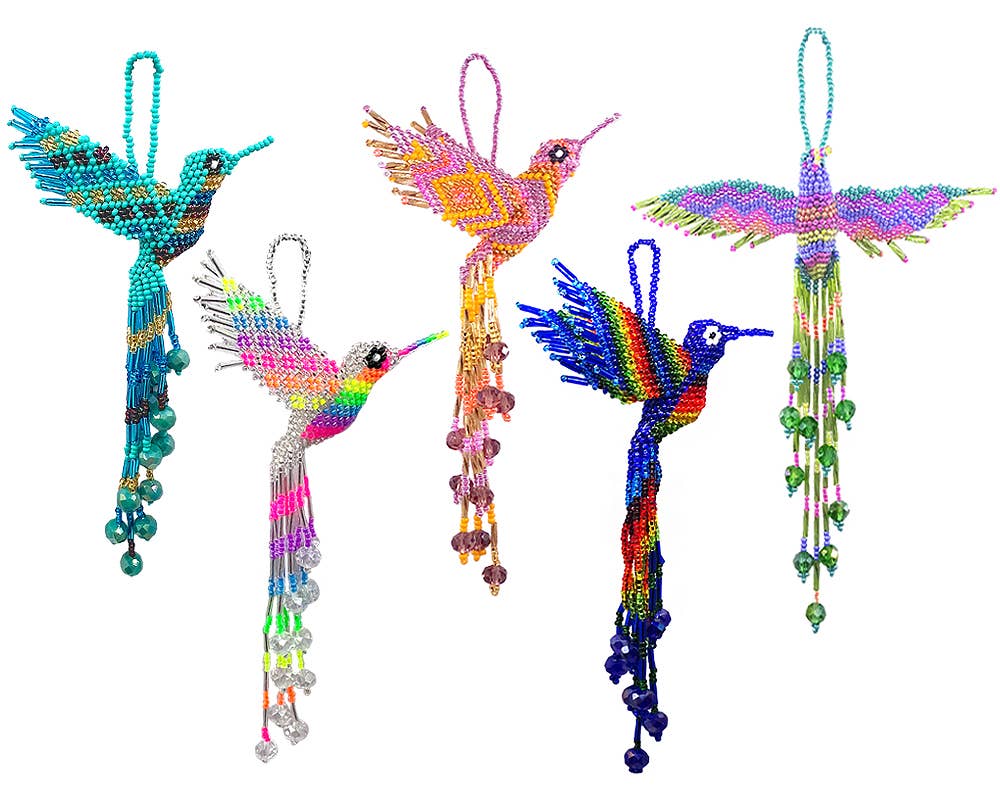 Beaded Hummingbird Ornament Seed Bead Figurine Fringe Dangle