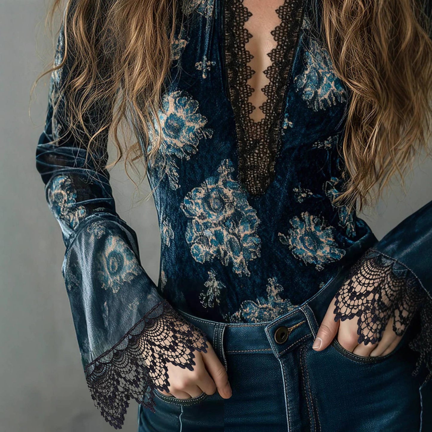 Floral Lace Trim Long Sleeve Blouse