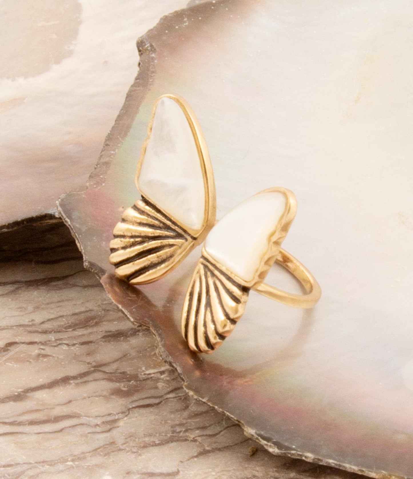 White Mother of Pearl Golden Butterfly Statement Ring BTFLR01MOP9B