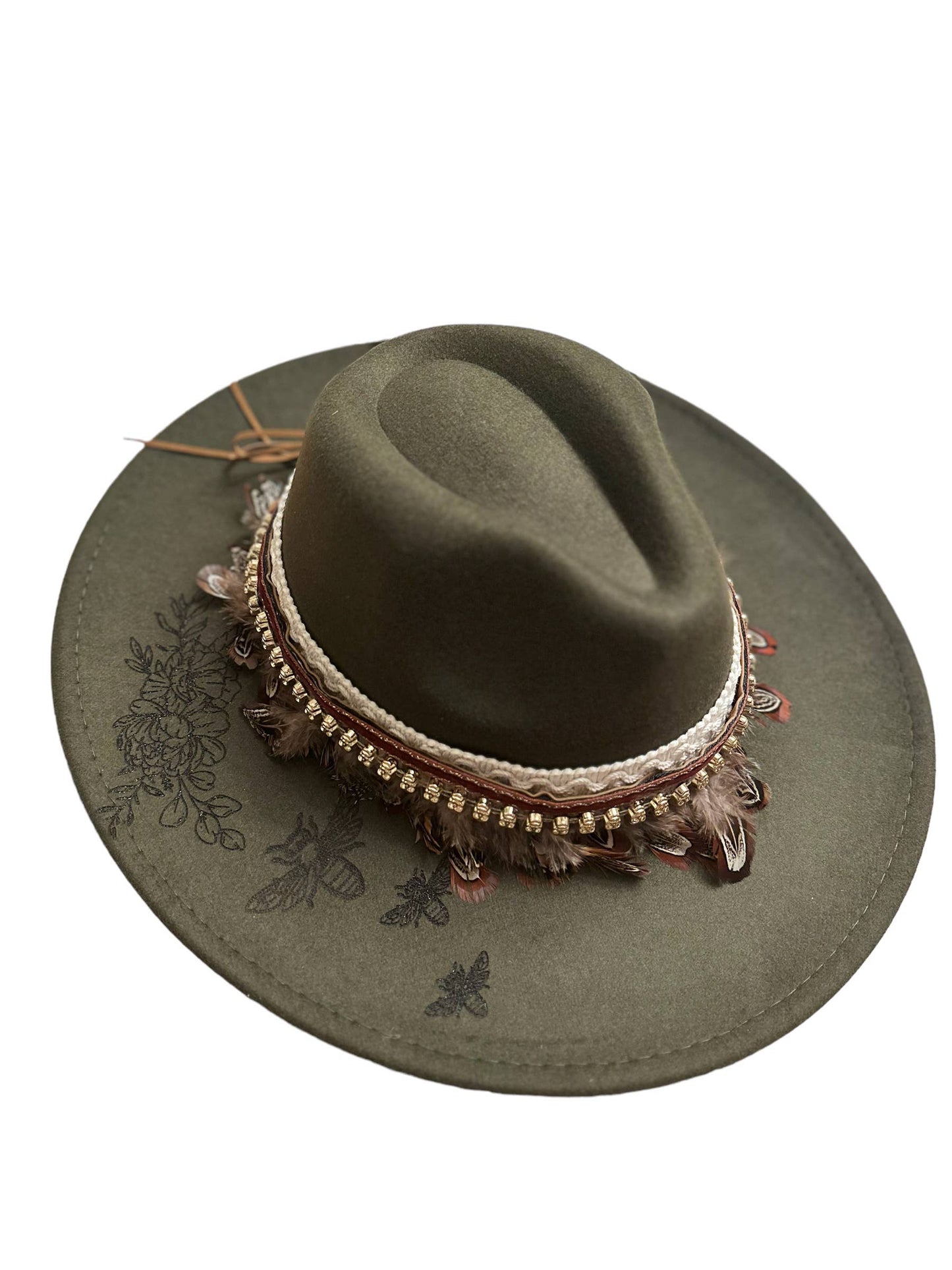 Honey Bee Floral Rancher Hat Burned Hat Western Hat 