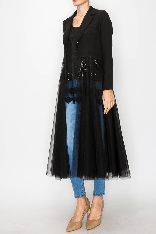 Contrast Blazer Jacket w/ Mesh Tulle -OLS4773 BLACK