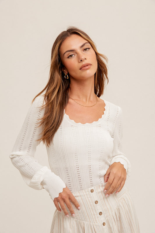 Ladies Pointelle Knit Blouse White  39302