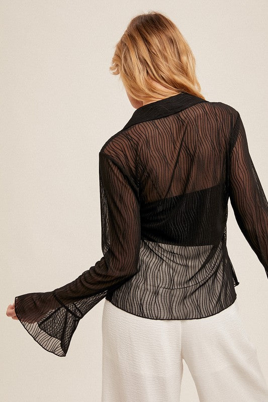 Ladies Long Sleeve Mesh Blouse Black   35632