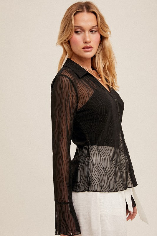 Ladies Long Sleeve Mesh Blouse Black   35632